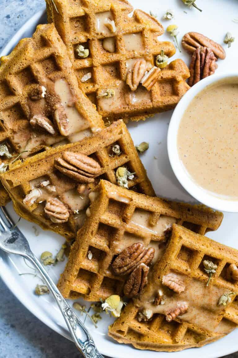 Delicious Homemade Protein Pecan Whole Wheat Waffles with Low-Calorie Butter Pecan Syrup Recipe